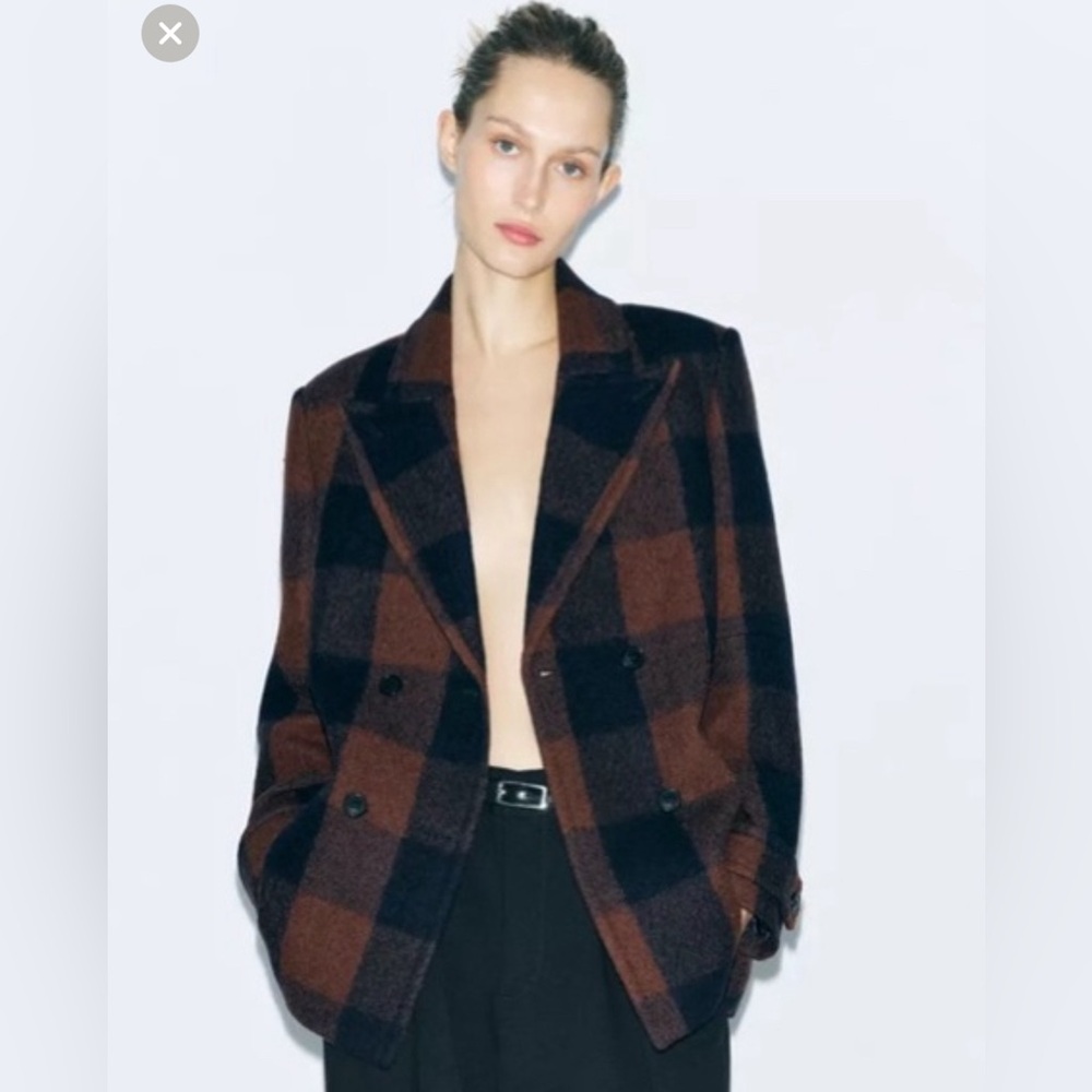 NWT Zara Manteca Wool Jacket Coat Size Large Brown Blue 2168/708 fall collection - Picture 3 of 11